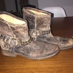 Frye Ankle Boot- glittery brown w/ harness detail